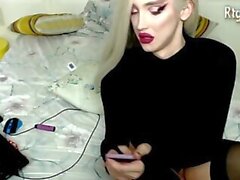 silver gray haired slim German shemale strokes her dick online