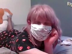 petite trans cutie in glasses plays with her cock and asshole on webcam