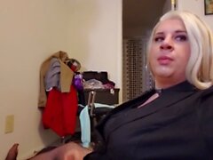 Chubby blonde very horny transgender girl is a cocksucker and masturbation cum