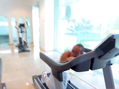 Busty Latin ts sucks off gym instructor before anal pounded